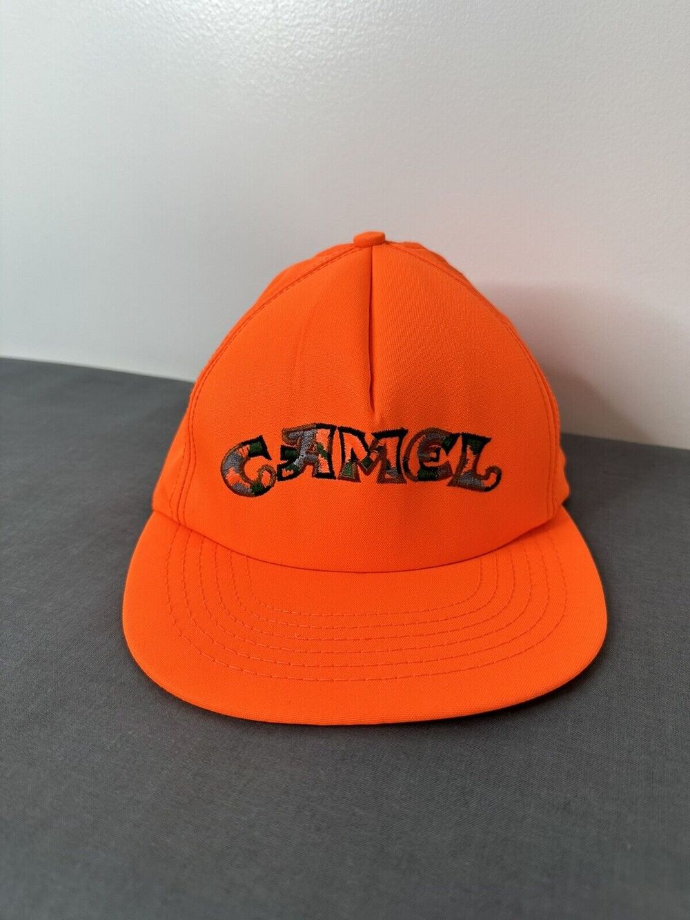 Vintage Trucker Hat Camel Tobacco Neon Orange Hunting USA Union Made Camouflage